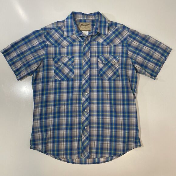 Wrangler Retro Western Pearl Snap Shirt Men’s M Blue Plaid Short Sleeve Cotton - Picture 1 of 7